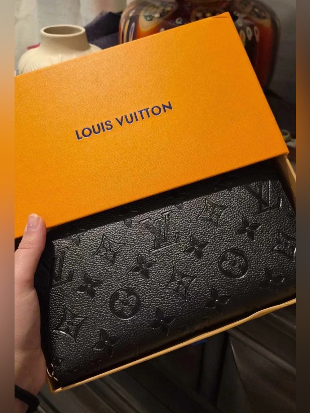 Black Leather LV Zip Clutch with Gold Hardware